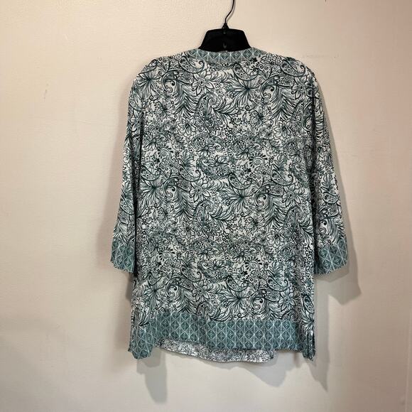 Sigrid Olsen Linen Blouse Size L Teal White Floral Boho Resort Vacation Chic - Picture 2 of 7